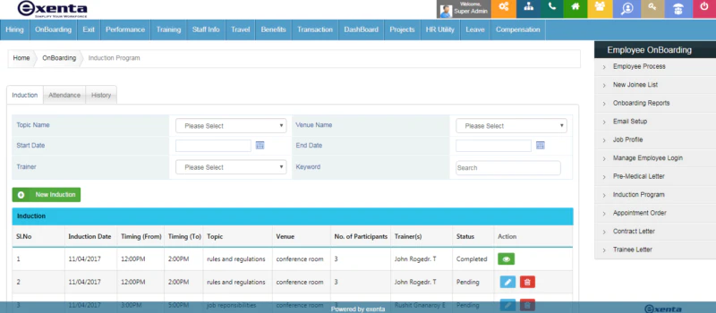 screenshot of Exenta HRMS